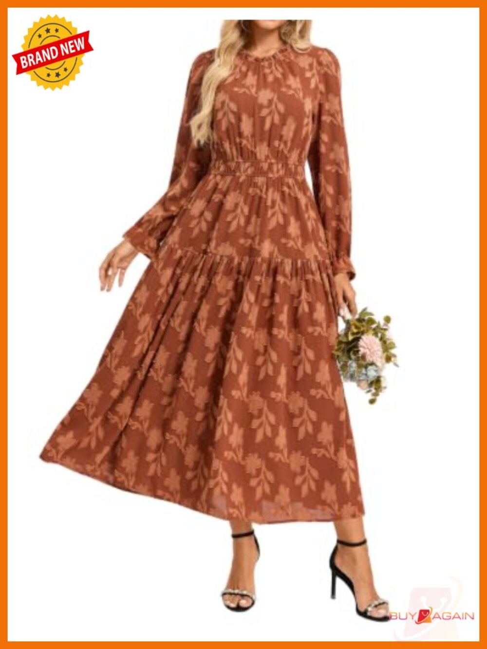 Women's Long Sleeve Floral Midi Dress with Pockets